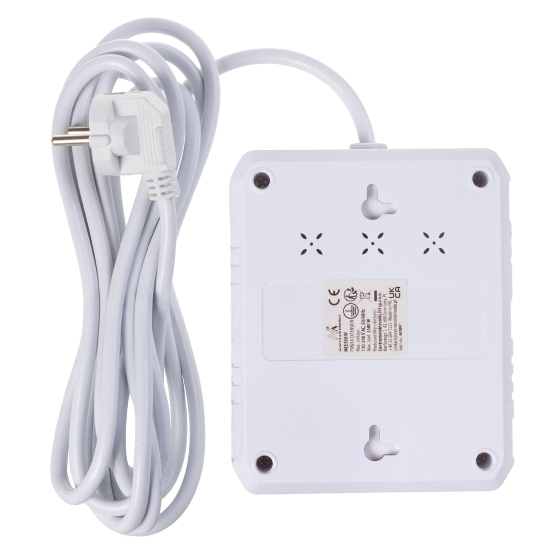 Многофункционален удължител Maclean, удължител с 2 контакта + 3xUSB, 110-240V AC 50/60Hz, 2.1A макс. 2500W, 3 м, бял, MCE388 W