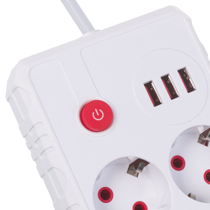 Многофункционален удължител Maclean, удължител с 2 контакта + 3xUSB, 110-240V AC 50/60Hz, 2.1A макс. 2500W, 3 м, бял, MCE388 W