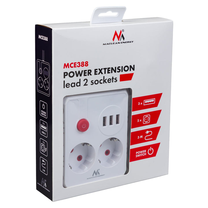 Многофункционален удължител Maclean, удължител с 2 контакта + 3xUSB, 110-240V AC 50/60Hz, 2.1A макс. 2500W, 3 м, бял, MCE388 W