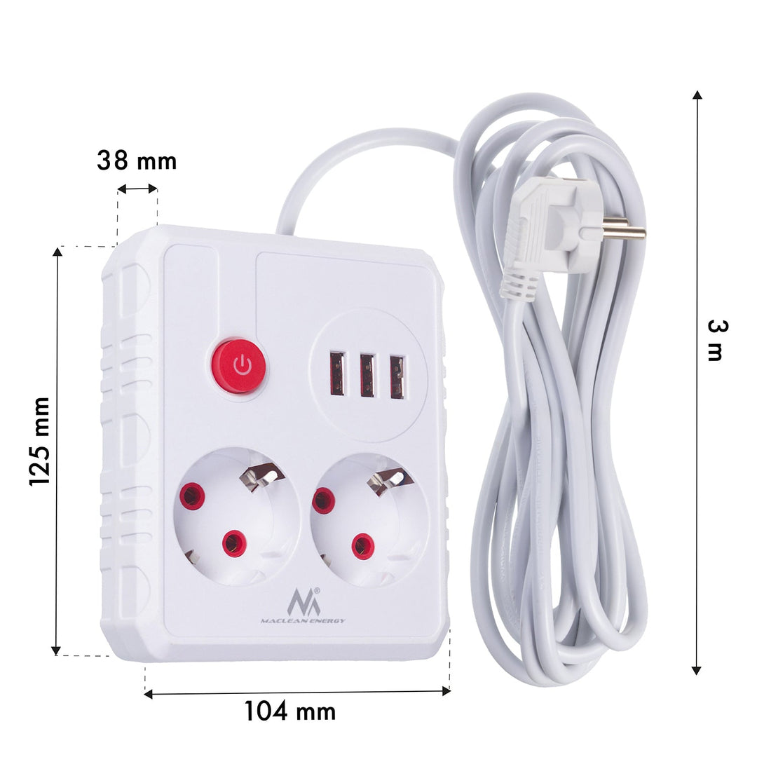 Многофункционален удължител Maclean, удължител с 2 контакта + 3xUSB, 110-240V AC 50/60Hz, 2.1A макс. 2500W, 3 м, бял, MCE388 W