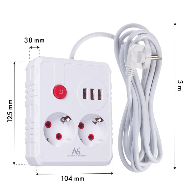 Многофункционален удължител Maclean, удължител с 2 контакта + 3xUSB, 110-240V AC 50/60Hz, 2.1A макс. 2500W, 3 м, бял, MCE388 W