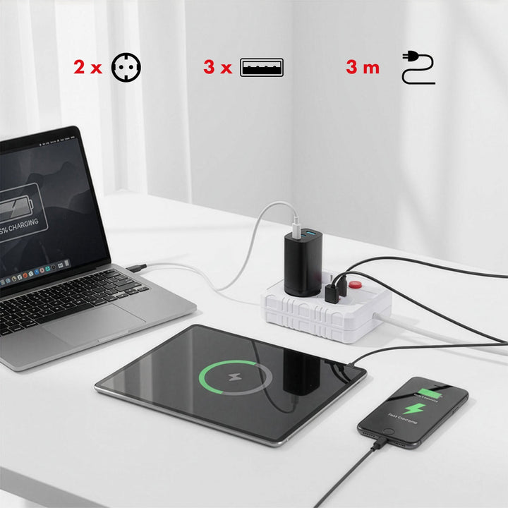 Многофункционален удължител Maclean, удължител с 2 контакта + 3xUSB, 110-240V AC 50/60Hz, 2.1A макс. 2500W, 3 м, бял, MCE388 W