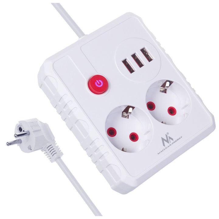 Многофункционален удължител Maclean, удължител с 2 контакта + 3xUSB, 110-240V AC 50/60Hz, 2.1A макс. 2500W, 3 м, бял, MCE388 W