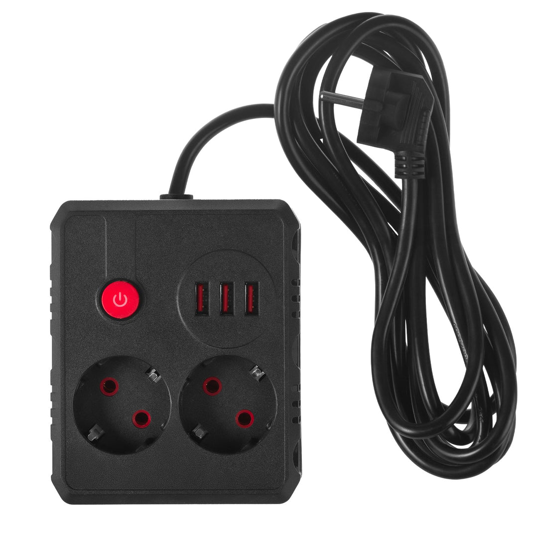 Многофункционален удължител Maclean, удължител с 2 контакта + 3xUSB, 110-240V AC 50/60Hz, 2.1A макс. 2500W, 3 m, черен, MCE388 B