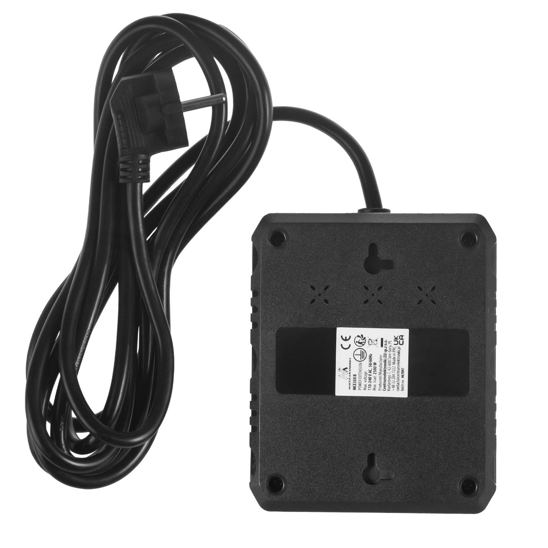 Многофункционален удължител Maclean, удължител с 2 контакта + 3xUSB, 110-240V AC 50/60Hz, 2.1A макс. 2500W, 3 m, черен, MCE388 B