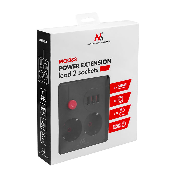 Многофункционален удължител Maclean, удължител с 2 контакта + 3xUSB, 110-240V AC 50/60Hz, 2.1A макс. 2500W, 3 m, черен, MCE388 B