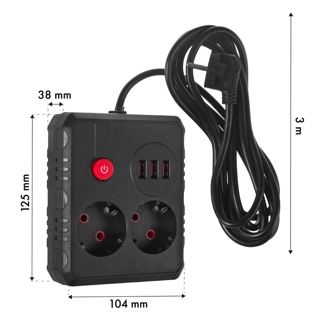 Многофункционален удължител Maclean, удължител с 2 контакта + 3xUSB, 110-240V AC 50/60Hz, 2.1A макс. 2500W, 3 m, черен, MCE388 B