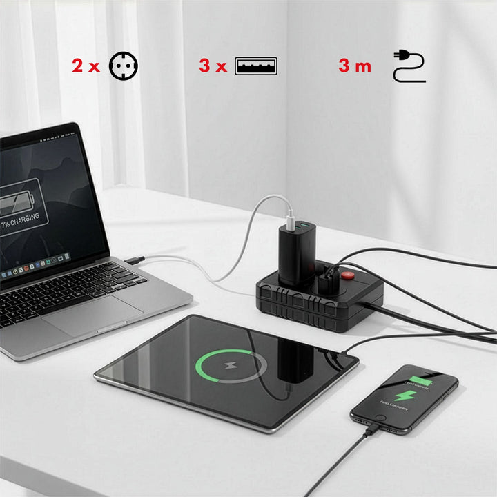 Многофункционален удължител Maclean, удължител с 2 контакта + 3xUSB, 110-240V AC 50/60Hz, 2.1A макс. 2500W, 3 m, черен, MCE388 B