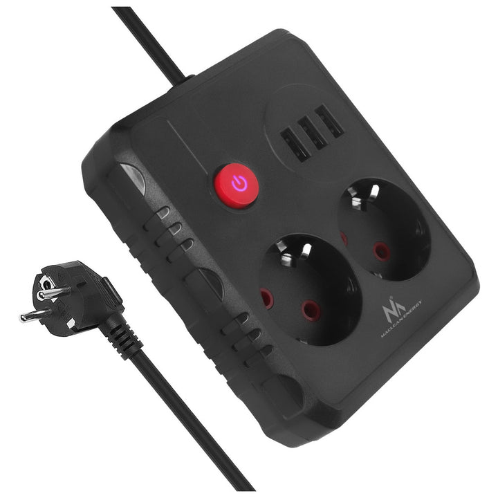 Многофункционален удължител Maclean, удължител с 2 контакта + 3xUSB, 110-240V AC 50/60Hz, 2.1A макс. 2500W, 3 m, черен, MCE388 B