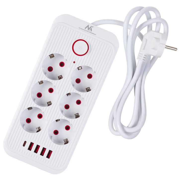 Многофункционален удължител Maclean, 6 гнезда + 4 USB порта, 110-240 V AC 50/60 Hz, 2,1 A, макс. 2500 W, 1,5 m, бял, MCE389 W