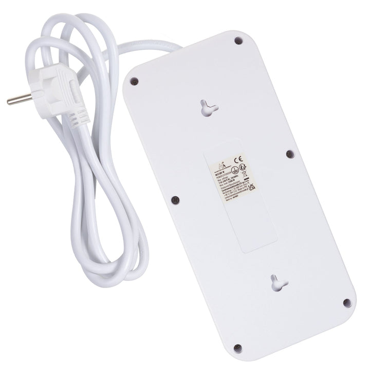 Многофункционален удължител Maclean, 6 гнезда + 4 USB порта, 110-240 V AC 50/60 Hz, 2,1 A, макс. 2500 W, 1,5 m, бял, MCE389 W