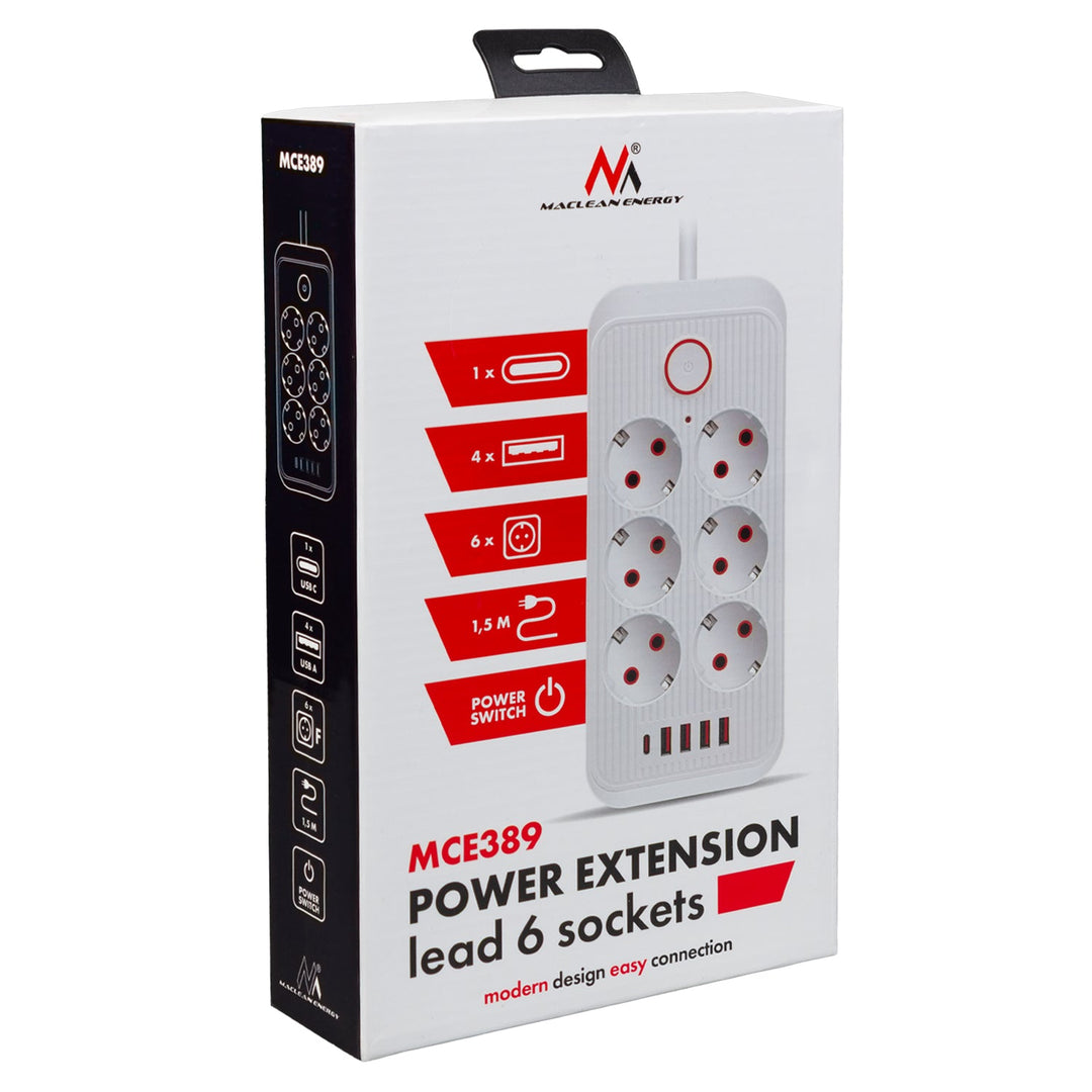 Многофункционален удължител Maclean, 6 гнезда + 4 USB порта, 110-240 V AC 50/60 Hz, 2,1 A, макс. 2500 W, 1,5 m, бял, MCE389 W
