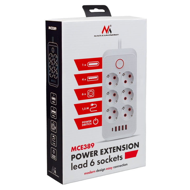 Многофункционален удължител Maclean, 6 гнезда + 4 USB порта, 110-240 V AC 50/60 Hz, 2,1 A, макс. 2500 W, 1,5 m, бял, MCE389 W