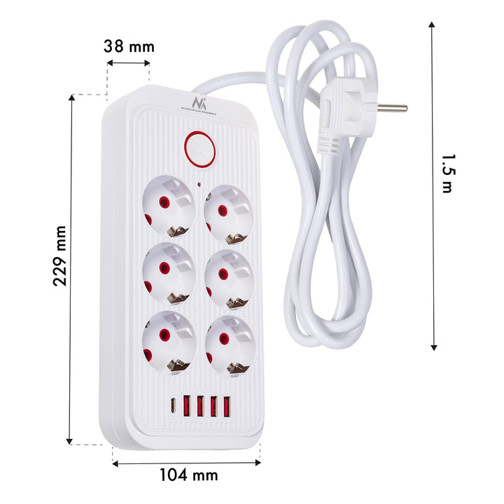 Многофункционален удължител Maclean, 6 гнезда + 4 USB порта, 110-240 V AC 50/60 Hz, 2,1 A, макс. 2500 W, 1,5 m, бял, MCE389 W