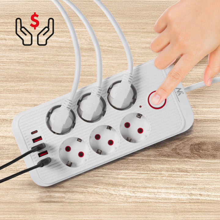 Многофункционален удължител Maclean, 6 гнезда + 4 USB порта, 110-240 V AC 50/60 Hz, 2,1 A, макс. 2500 W, 1,5 m, бял, MCE389 W