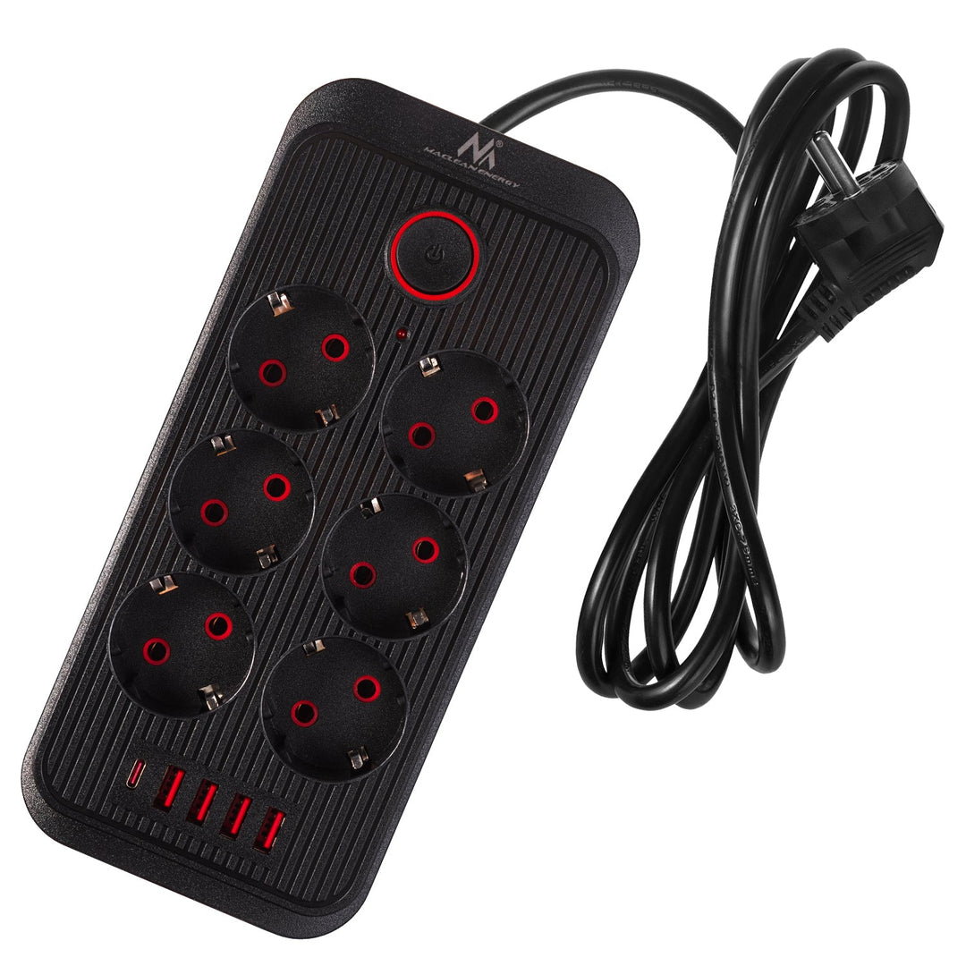 Многофункционален удължител Maclean, 6 гнезда + 4xUSB удължител, 110-240V AC 50/60Hz, 2.1A макс. 2500W, 1.5 m, черен, MCE389 B