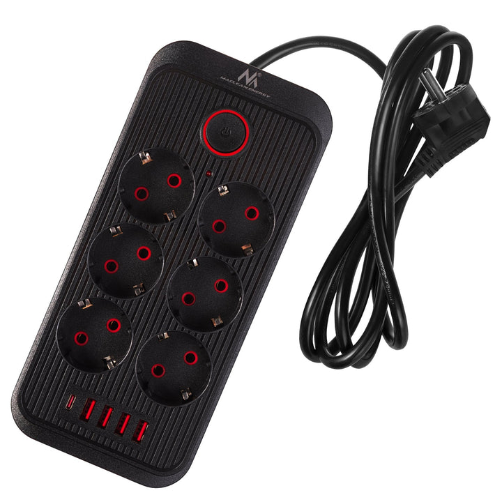 Многофункционален удължител Maclean, 6 гнезда + 4xUSB удължител, 110-240V AC 50/60Hz, 2.1A макс. 2500W, 1.5 m, черен, MCE389 B