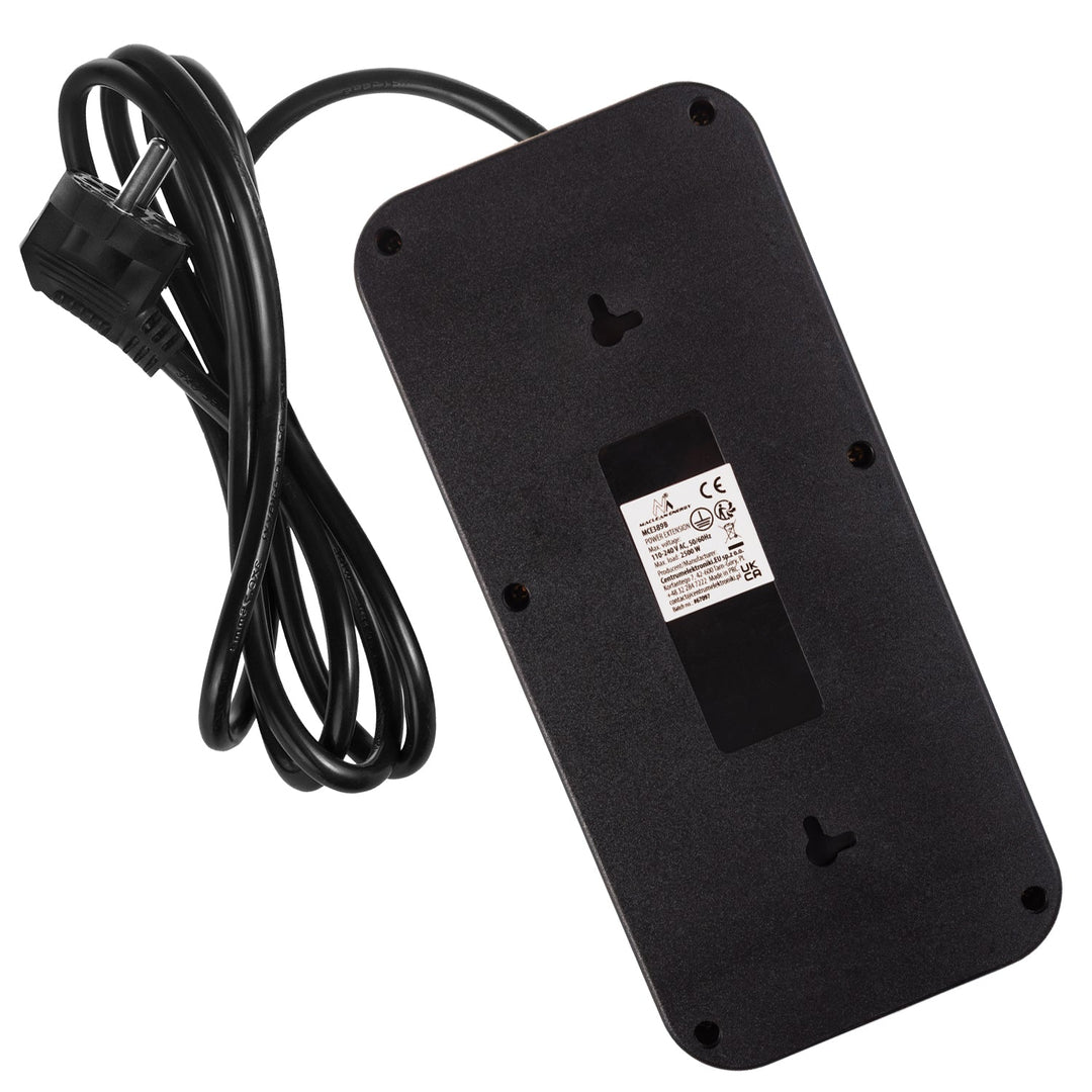 Многофункционален удължител Maclean, 6 гнезда + 4xUSB удължител, 110-240V AC 50/60Hz, 2.1A макс. 2500W, 1.5 m, черен, MCE389 B