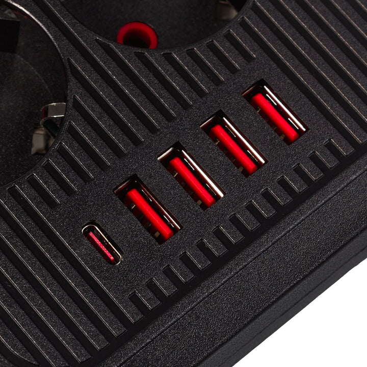 Многофункционален удължител Maclean, 6 гнезда + 4xUSB удължител, 110-240V AC 50/60Hz, 2.1A макс. 2500W, 1.5 m, черен, MCE389 B