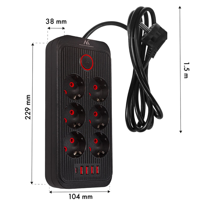 Многофункционален удължител Maclean, 6 гнезда + 4xUSB удължител, 110-240V AC 50/60Hz, 2.1A макс. 2500W, 1.5 m, черен, MCE389 B