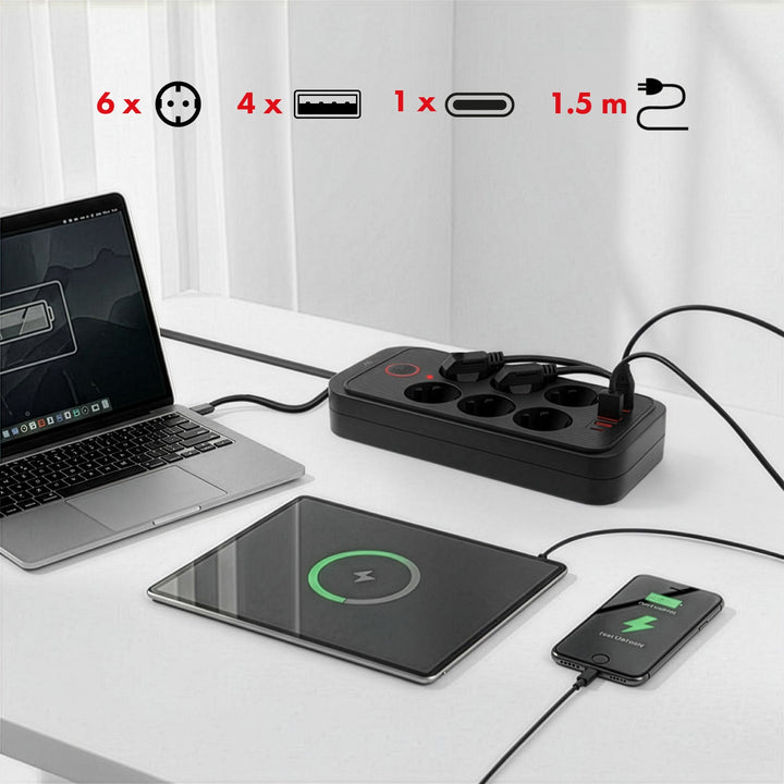 Многофункционален удължител Maclean, 6 гнезда + 4xUSB удължител, 110-240V AC 50/60Hz, 2.1A макс. 2500W, 1.5 m, черен, MCE389 B