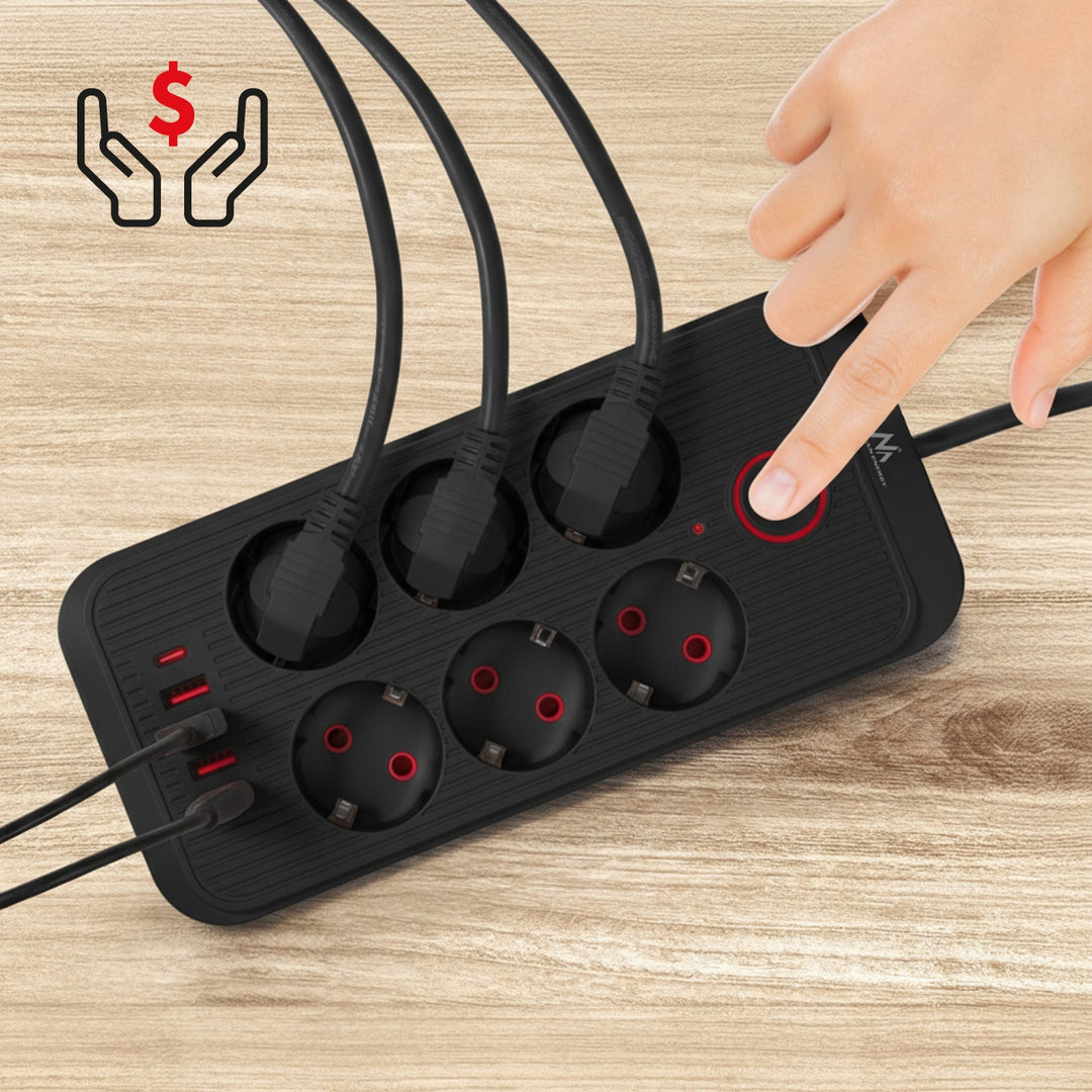 Многофункционален удължител Maclean, 6 гнезда + 4xUSB удължител, 110-240V AC 50/60Hz, 2.1A макс. 2500W, 1.5 m, черен, MCE389 B