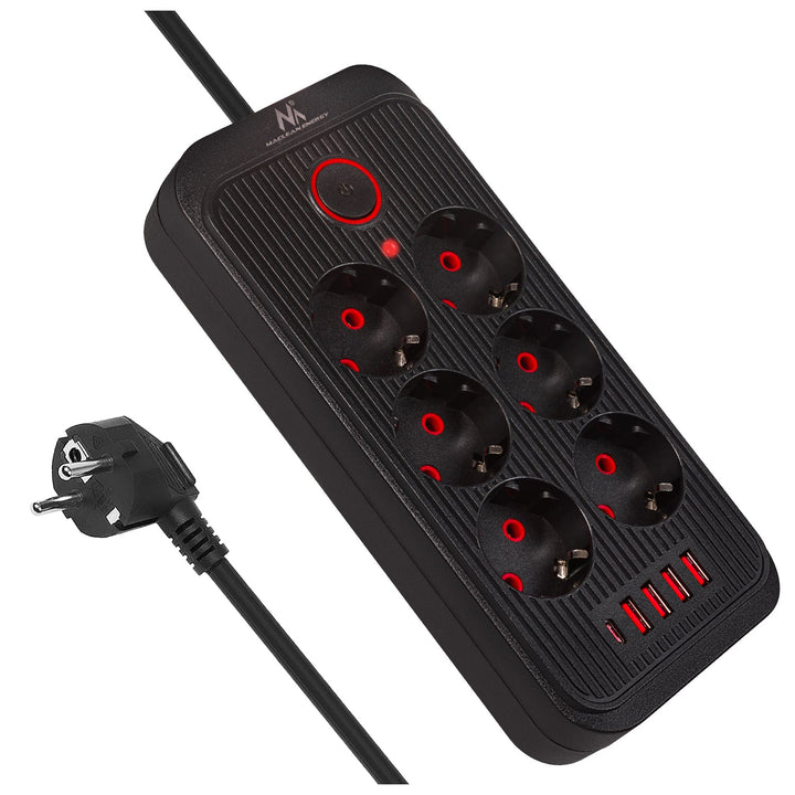 Многофункционален удължител Maclean, 6 гнезда + 4xUSB удължител, 110-240V AC 50/60Hz, 2.1A макс. 2500W, 1.5 m, черен, MCE389 B