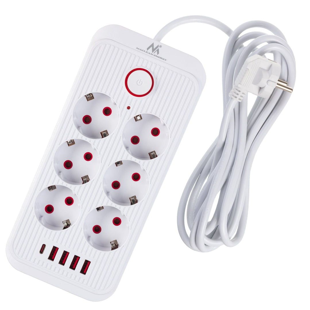 Многофункционален удължител Maclean, 6 контакта + 4xUSB удължител, 110-240V AC 50/60Hz, 2.1A макс. 2500W, 3m, бял, MCE391 W