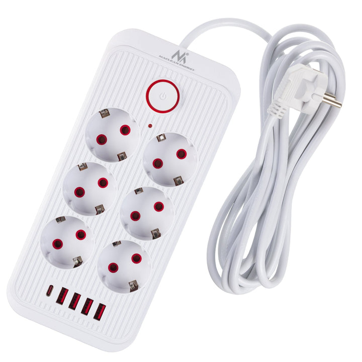 Многофункционален удължител Maclean, 6 контакта + 4xUSB удължител, 110-240V AC 50/60Hz, 2.1A макс. 2500W, 3m, бял, MCE391 W