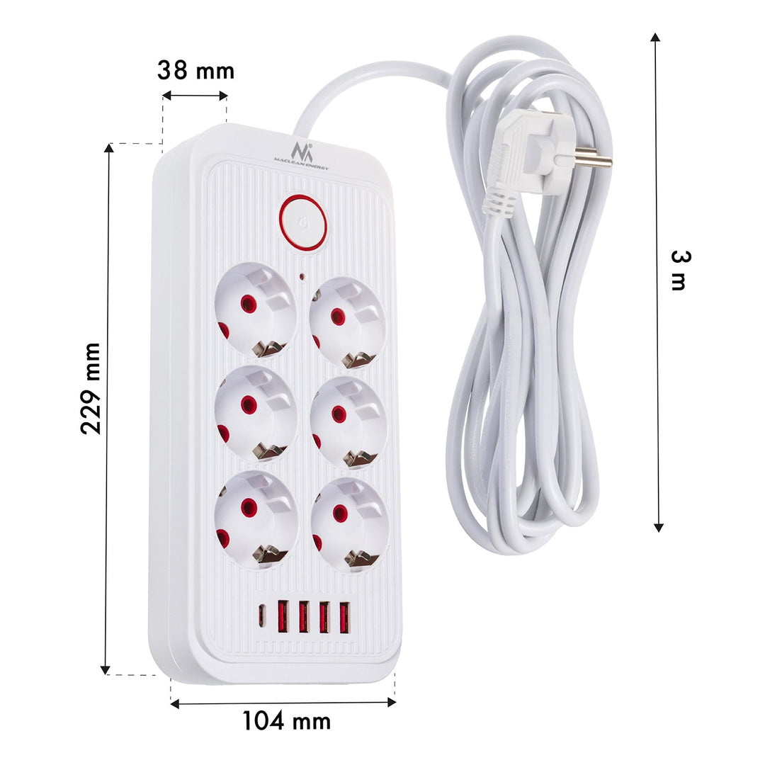 Многофункционален удължител Maclean, 6 контакта + 4xUSB удължител, 110-240V AC 50/60Hz, 2.1A макс. 2500W, 3m, бял, MCE391 W