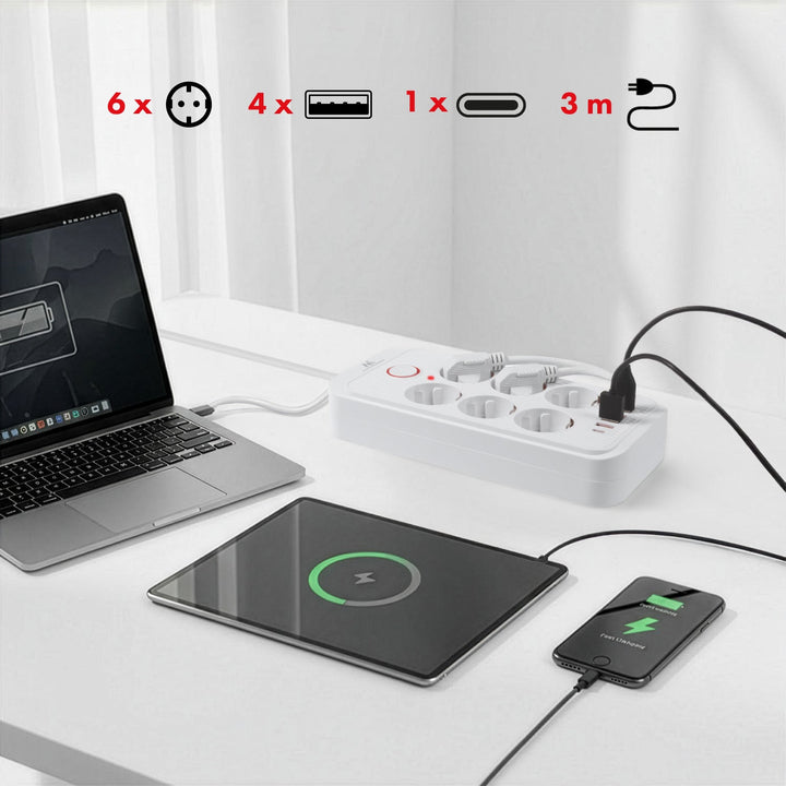 Многофункционален удължител Maclean, 6 контакта + 4xUSB удължител, 110-240V AC 50/60Hz, 2.1A макс. 2500W, 3m, бял, MCE391 W