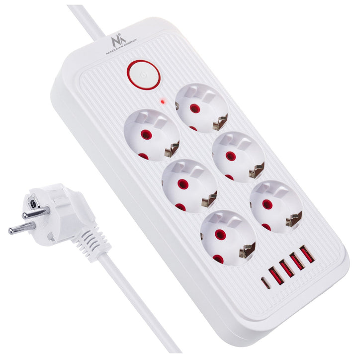 Многофункционален удължител Maclean, 6 контакта + 4xUSB удължител, 110-240V AC 50/60Hz, 2.1A макс. 2500W, 3m, бял, MCE391 W