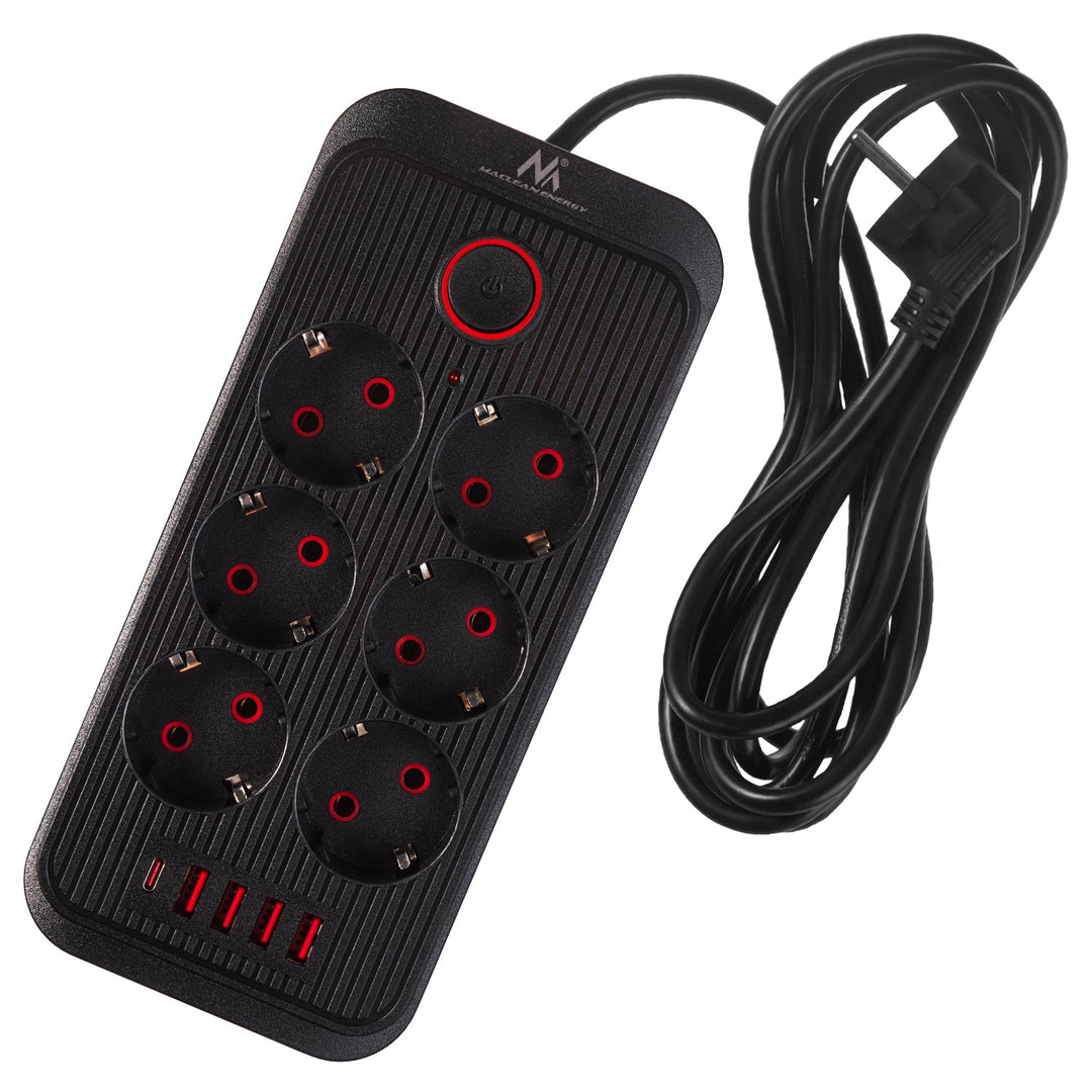 Многофункционален удължител Maclean, 6 гнезда + 4xUSB удължител, 110-240V AC 50/60Hz, 2.1A макс. 2500W, 3m, черен, MCE391 B