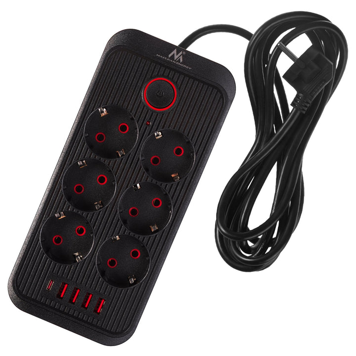 Многофункционален удължител Maclean, 6 гнезда + 4xUSB удължител, 110-240V AC 50/60Hz, 2.1A макс. 2500W, 3m, черен, MCE391 B