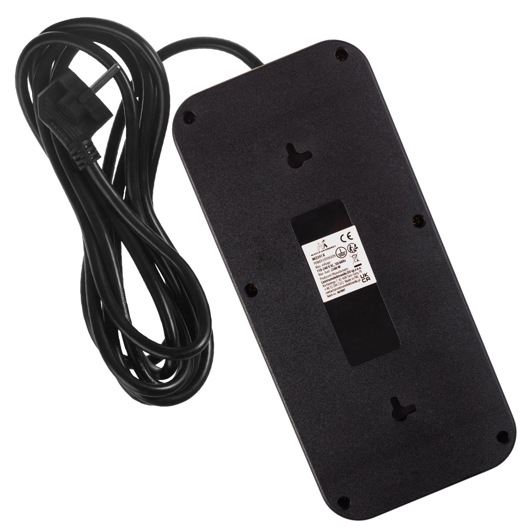Многофункционален удължител Maclean, 6 гнезда + 4xUSB удължител, 110-240V AC 50/60Hz, 2.1A макс. 2500W, 3m, черен, MCE391 B