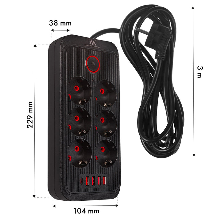 Многофункционален удължител Maclean, 6 гнезда + 4xUSB удължител, 110-240V AC 50/60Hz, 2.1A макс. 2500W, 3m, черен, MCE391 B