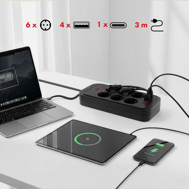 Многофункционален удължител Maclean, 6 гнезда + 4xUSB удължител, 110-240V AC 50/60Hz, 2.1A макс. 2500W, 3m, черен, MCE391 B