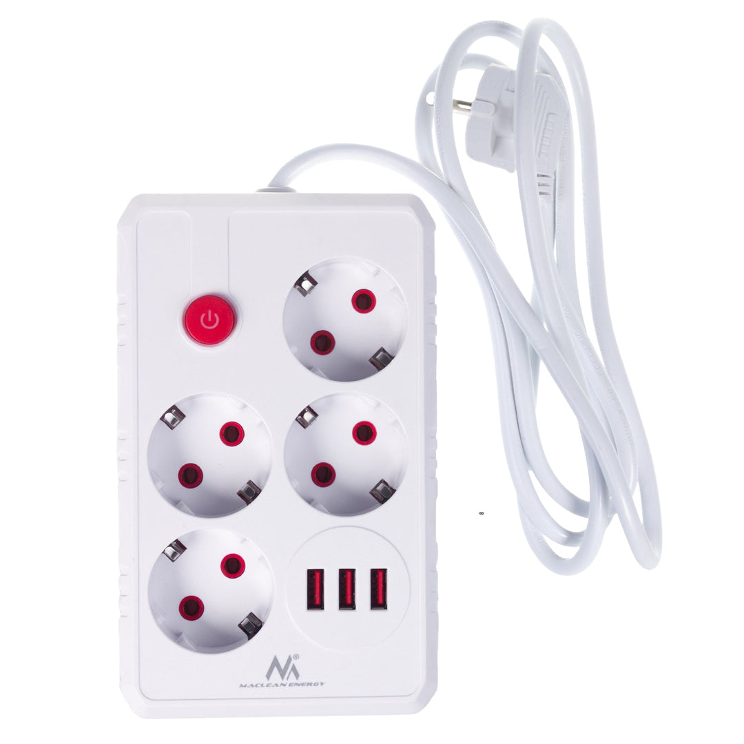 Многофункционален удължител Maclean, 4 контакта + 3xUSB удължител, 110-240V AC 50/60Hz, 2.1A макс. 2500W, 1.5m, бял, MCE392 W