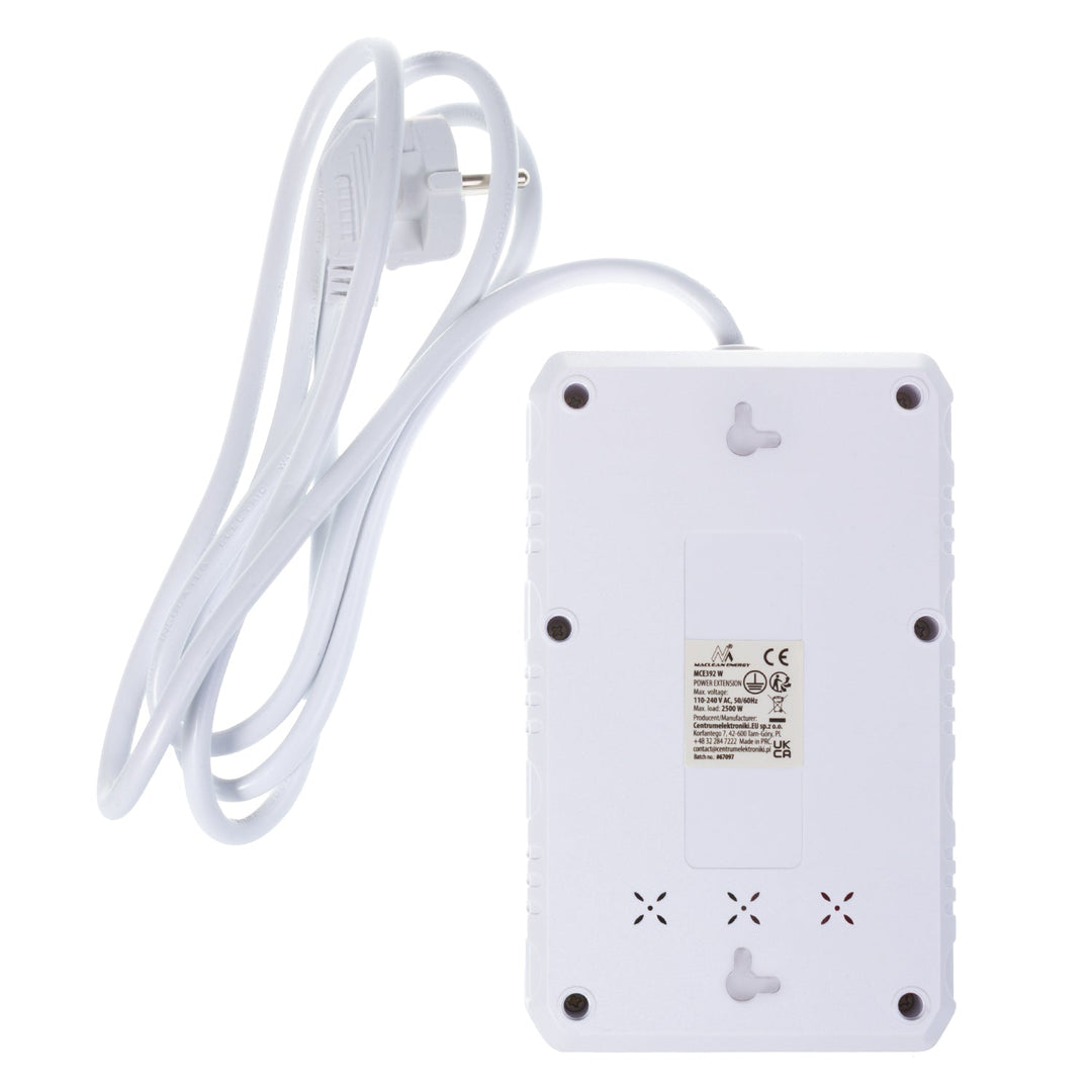 Многофункционален удължител Maclean, 4 контакта + 3xUSB удължител, 110-240V AC 50/60Hz, 2.1A макс. 2500W, 1.5m, бял, MCE392 W