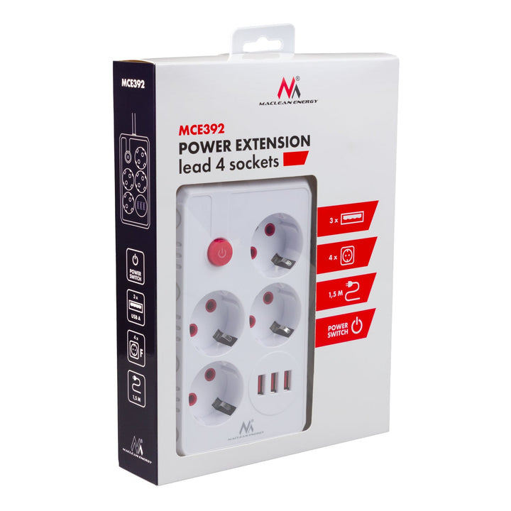 Многофункционален удължител Maclean, 4 контакта + 3xUSB удължител, 110-240V AC 50/60Hz, 2.1A макс. 2500W, 1.5m, бял, MCE392 W