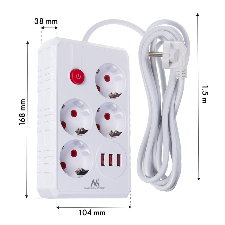 Многофункционален удължител Maclean, 4 контакта + 3xUSB удължител, 110-240V AC 50/60Hz, 2.1A макс. 2500W, 1.5m, бял, MCE392 W