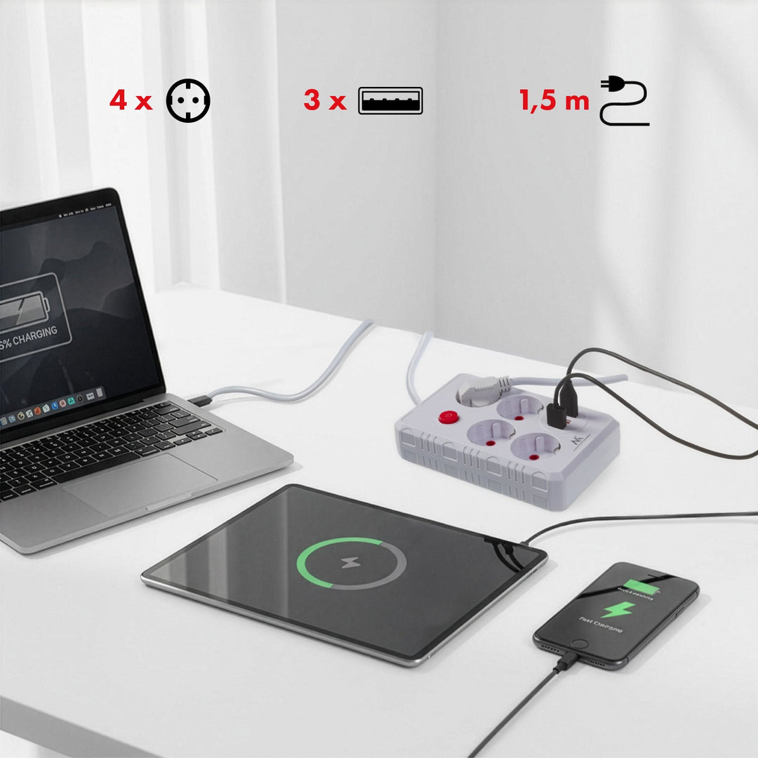 Многофункционален удължител Maclean, 4 контакта + 3xUSB удължител, 110-240V AC 50/60Hz, 2.1A макс. 2500W, 1.5m, бял, MCE392 W