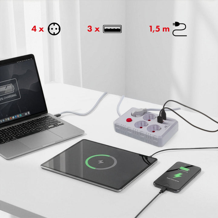 Многофункционален удължител Maclean, 4 контакта + 3xUSB удължител, 110-240V AC 50/60Hz, 2.1A макс. 2500W, 1.5m, бял, MCE392 W