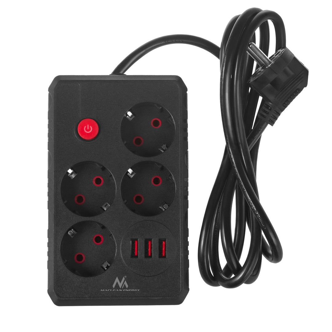Многофункционален удължител Maclean, 4 контакта + 3xUSB удължител, 110-240V AC 50/60Hz, 2.1A макс. 2500W, 1.5m, черен, MCE392 B