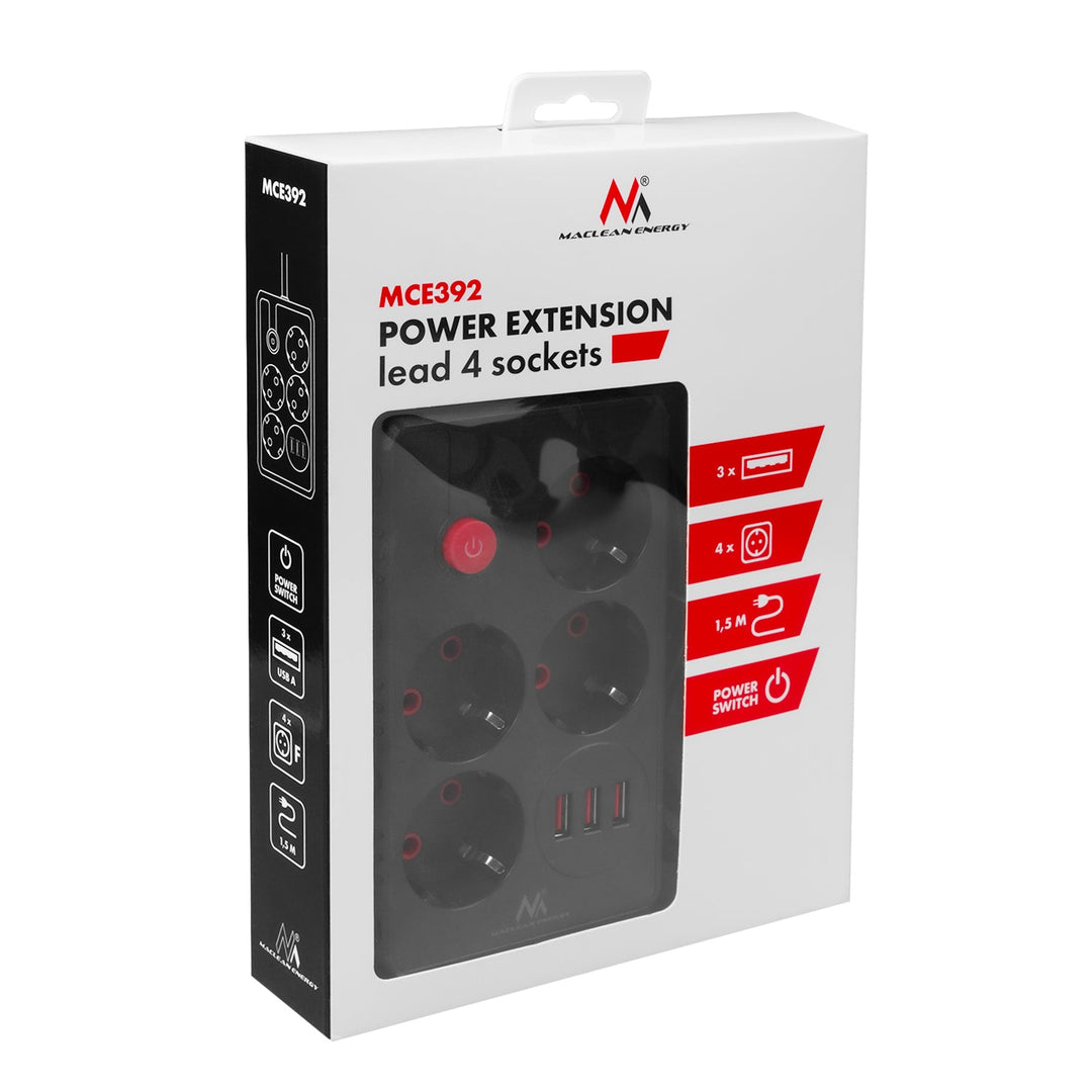 Многофункционален удължител Maclean, 4 контакта + 3xUSB удължител, 110-240V AC 50/60Hz, 2.1A макс. 2500W, 1.5m, черен, MCE392 B