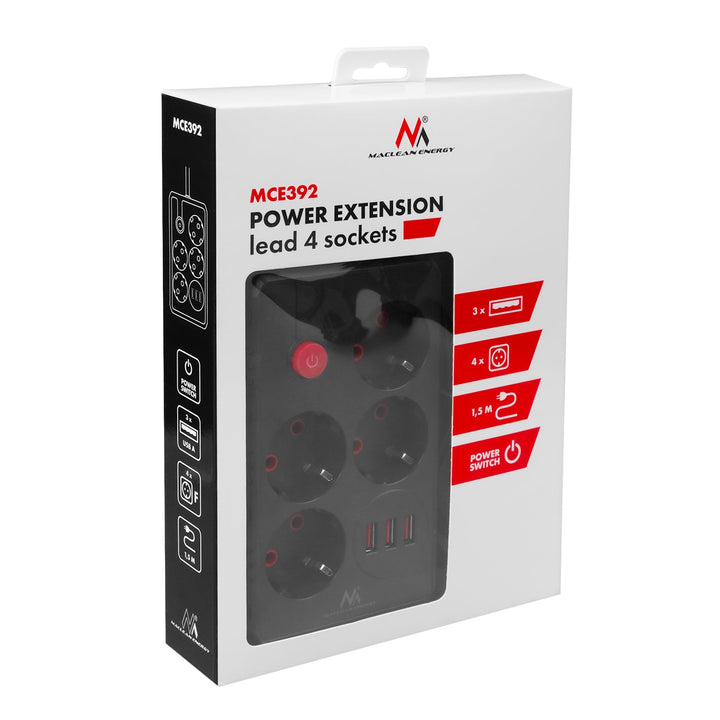 Многофункционален удължител Maclean, 4 контакта + 3xUSB удължител, 110-240V AC 50/60Hz, 2.1A макс. 2500W, 1.5m, черен, MCE392 B