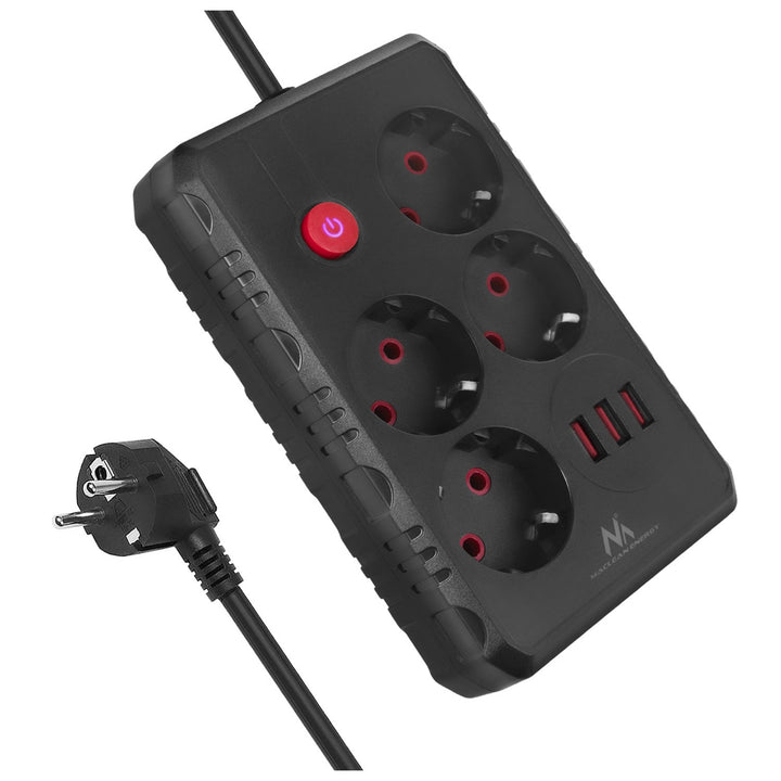 Многофункционален удължител Maclean, 4 контакта + 3xUSB удължител, 110-240V AC 50/60Hz, 2.1A макс. 2500W, 1.5m, черен, MCE392 B