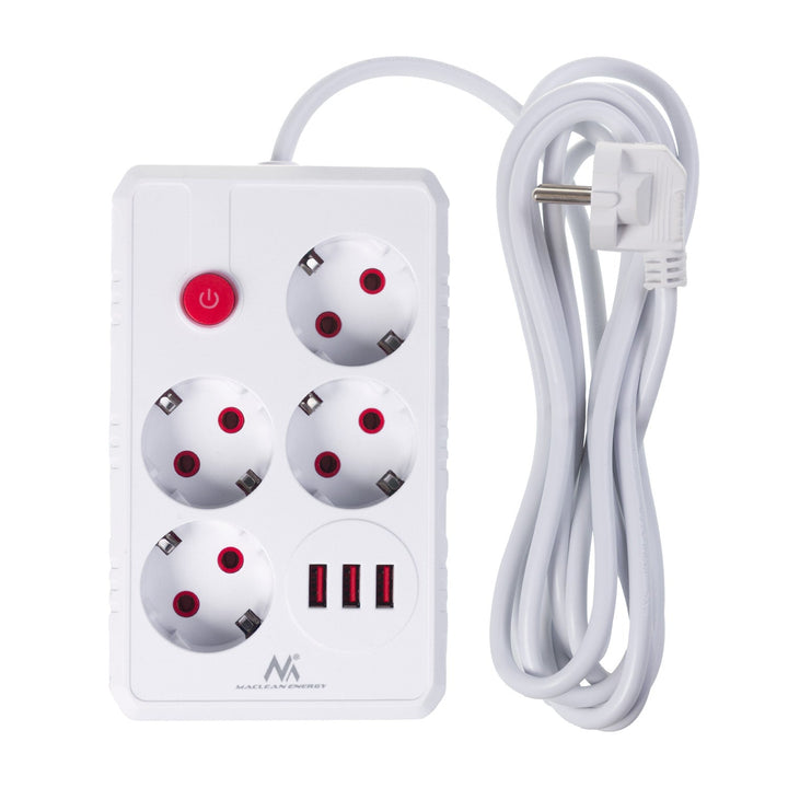Многофункционален удължител Maclean, 4 гнезда + 3xUSB удължител, 110-240V AC 50/60Hz, 2.1A макс. 2500W, 3m, бял, MCE393 W