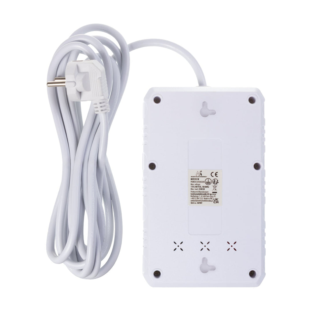 Многофункционален удължител Maclean, 4 гнезда + 3xUSB удължител, 110-240V AC 50/60Hz, 2.1A макс. 2500W, 3m, бял, MCE393 W