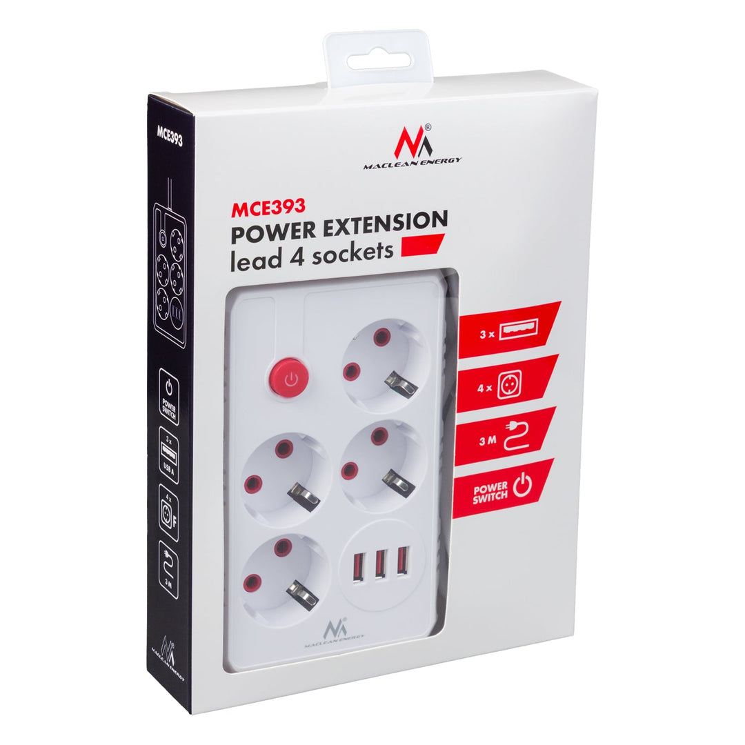 Многофункционален удължител Maclean, 4 гнезда + 3xUSB удължител, 110-240V AC 50/60Hz, 2.1A макс. 2500W, 3m, бял, MCE393 W